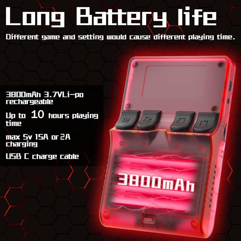 FVBADE [30000 in 1] R40S PRO Handheld Game Console 3.5 inch IPS Screen Mini Retro Console 3800mAh Portable Pocket Arcade 45+ Mainstream Emulator 256G TF Card Transparent.(Red) - Image 5